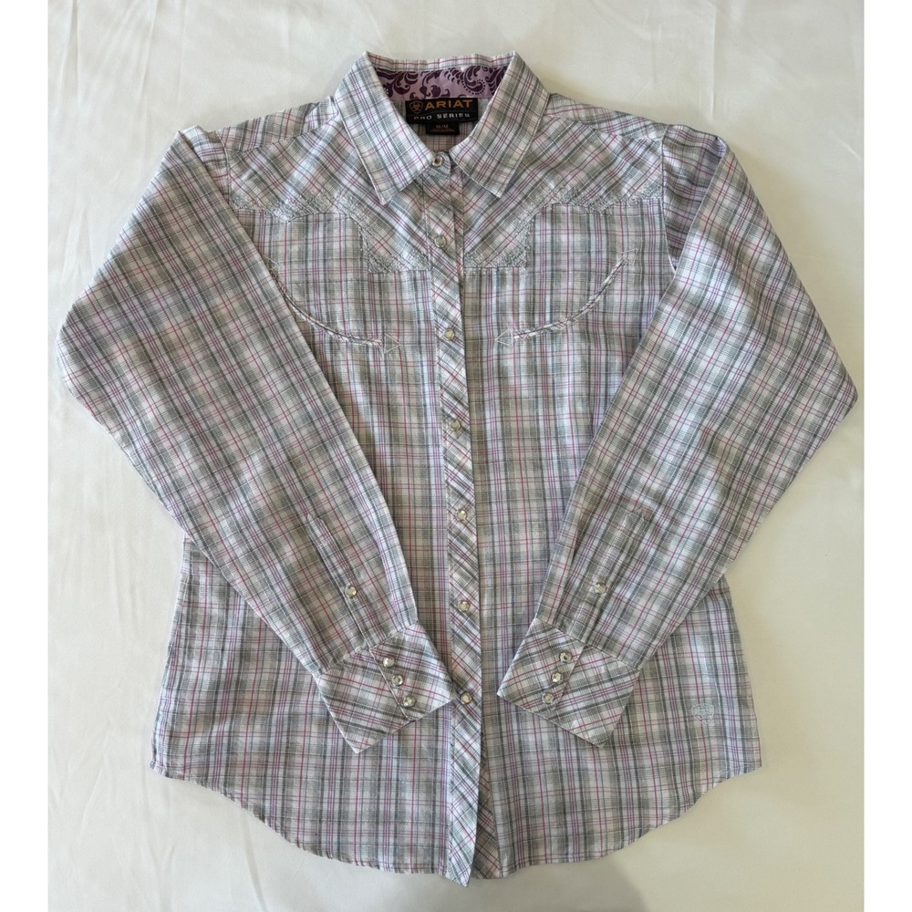 Ariat Pro Series Plaid Western Pearl Snap Shirt Medium Yoke Pink Grey Shimmer